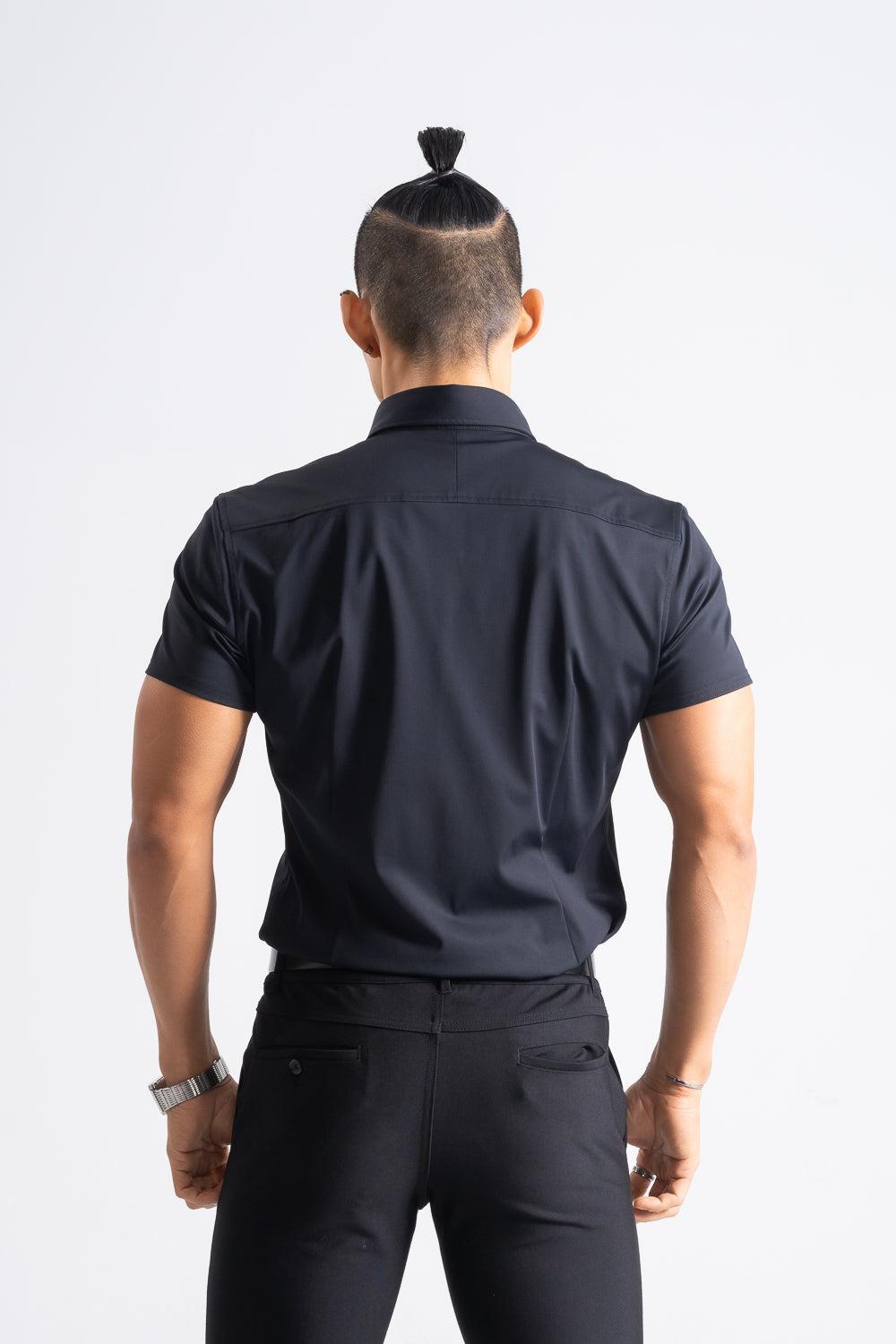 極上シルエットストレッチ 半袖ボタンダウンシャツ - ブラック
