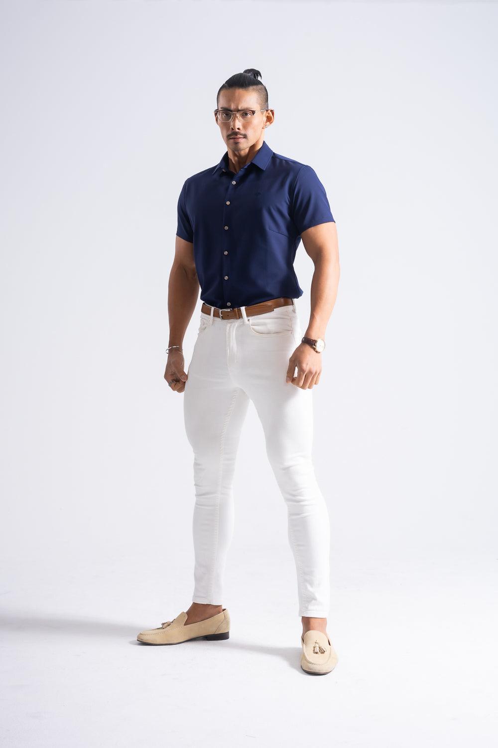 《サイズ交換不可》 ワイドカラー極上ストレッチ半袖シャツ - ネイビー