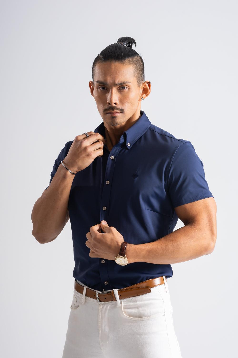 《サイズ交換不可》 極上シルエット半袖ボタンダウンシャツ - ネイビー