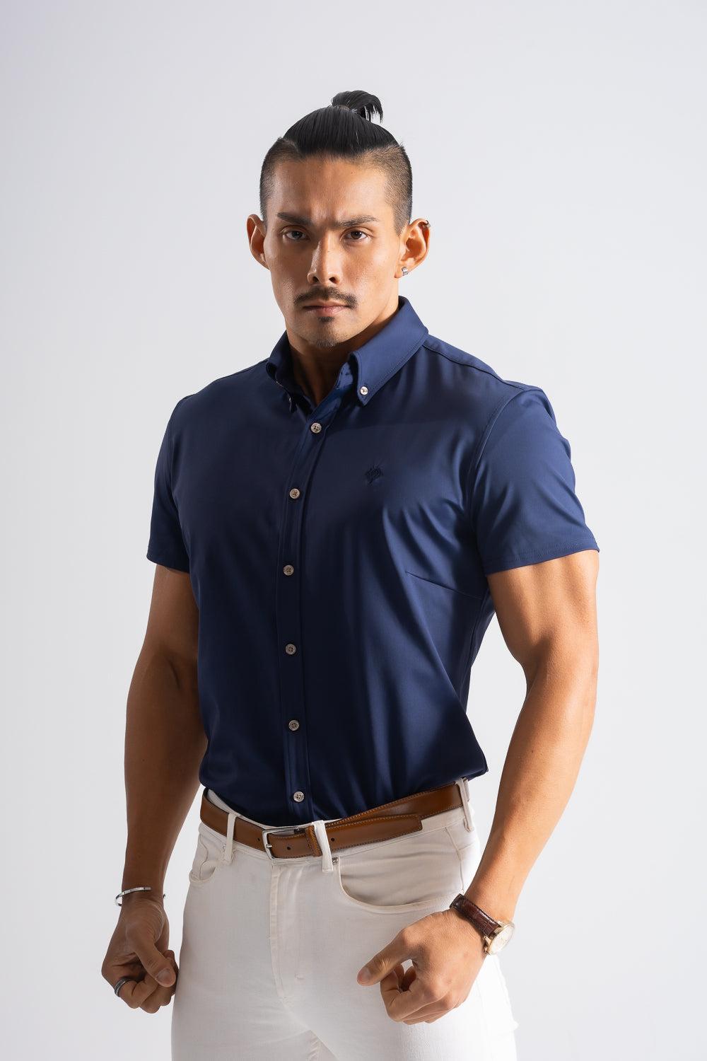 《サイズ交換不可》 極上シルエット半袖ボタンダウンシャツ - ネイビー