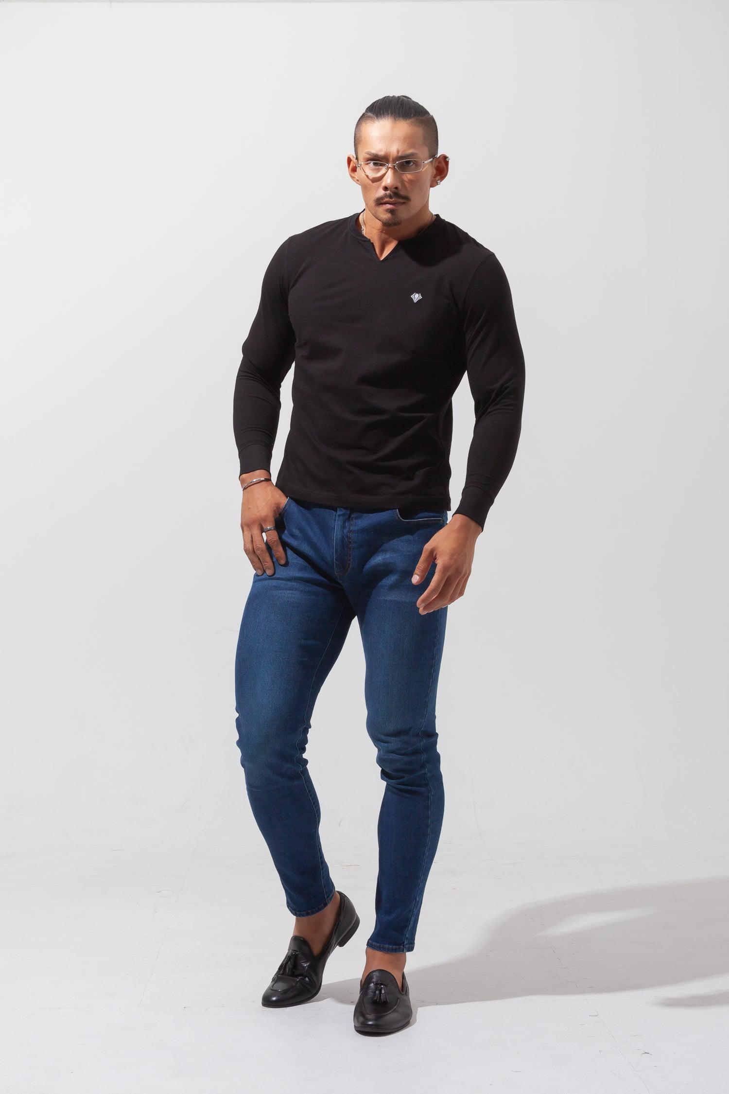 Key Neck Long Sleeve Tee  BLACK