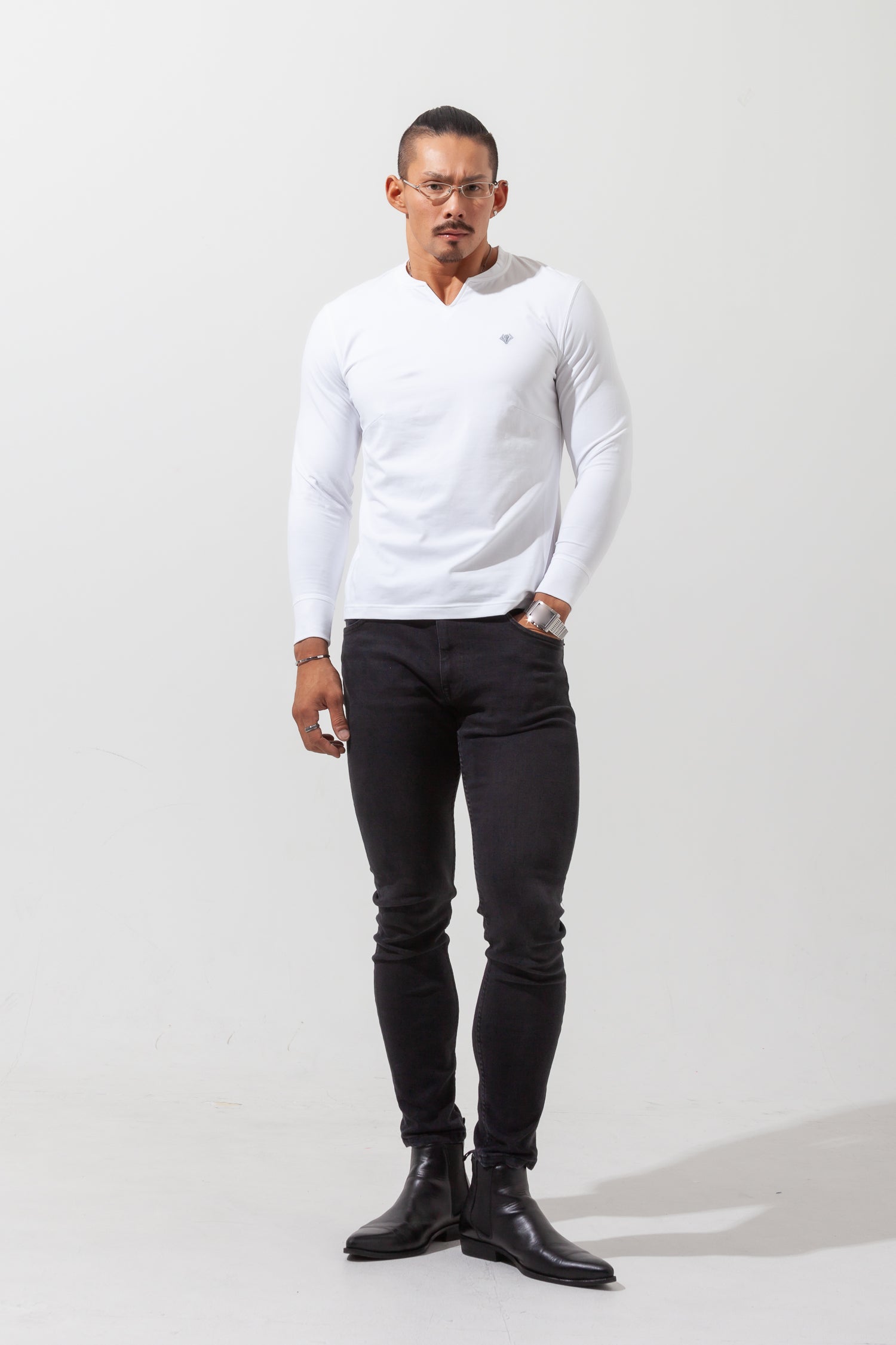 Key Neck Long Sleeve Tee  WHITE