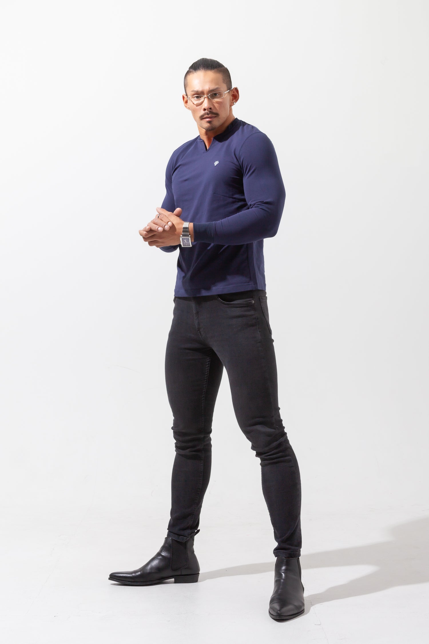 Key Neck Long Sleeve Tee  NAVY