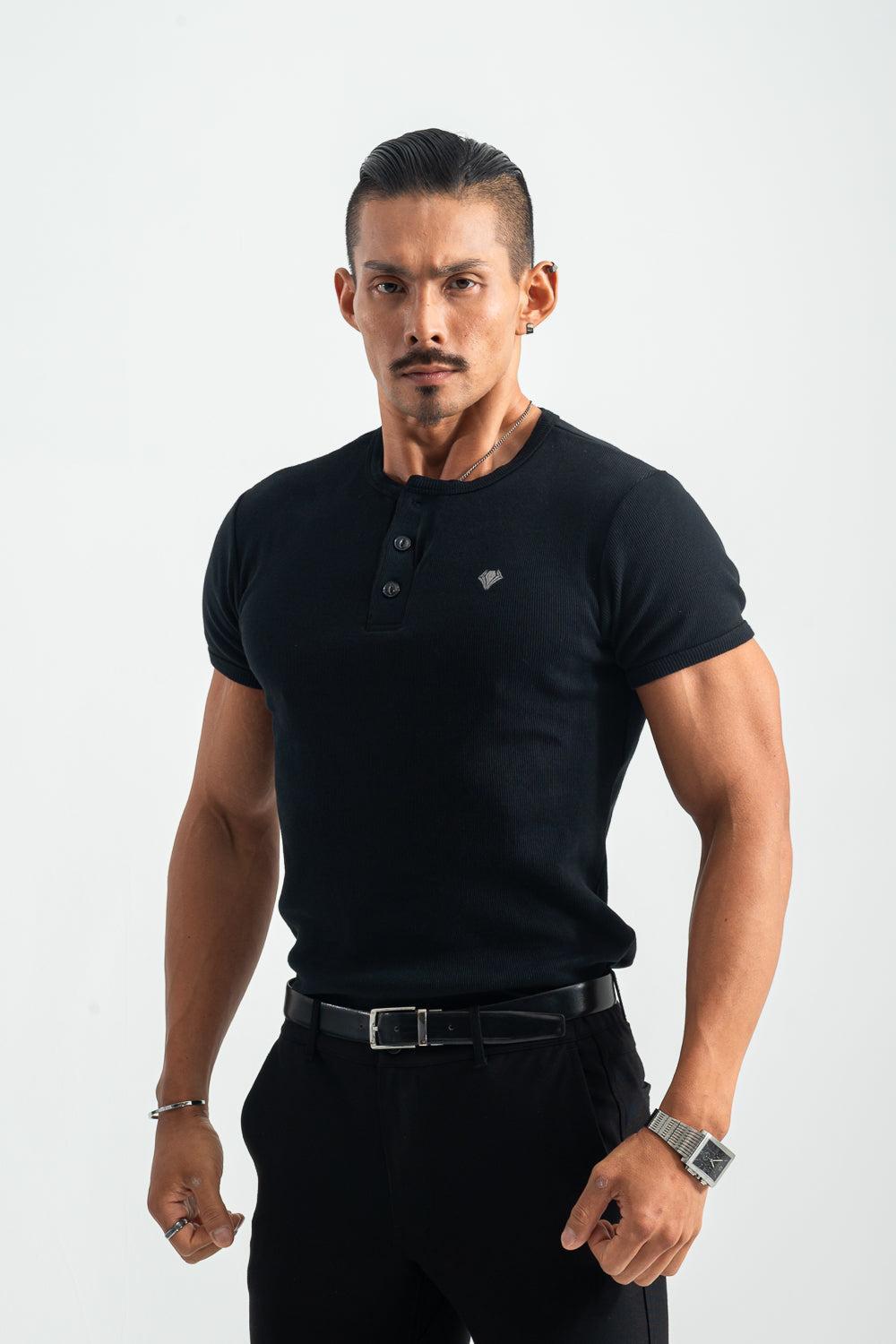 ヘンリーネック半袖Tシャツ - ブラック