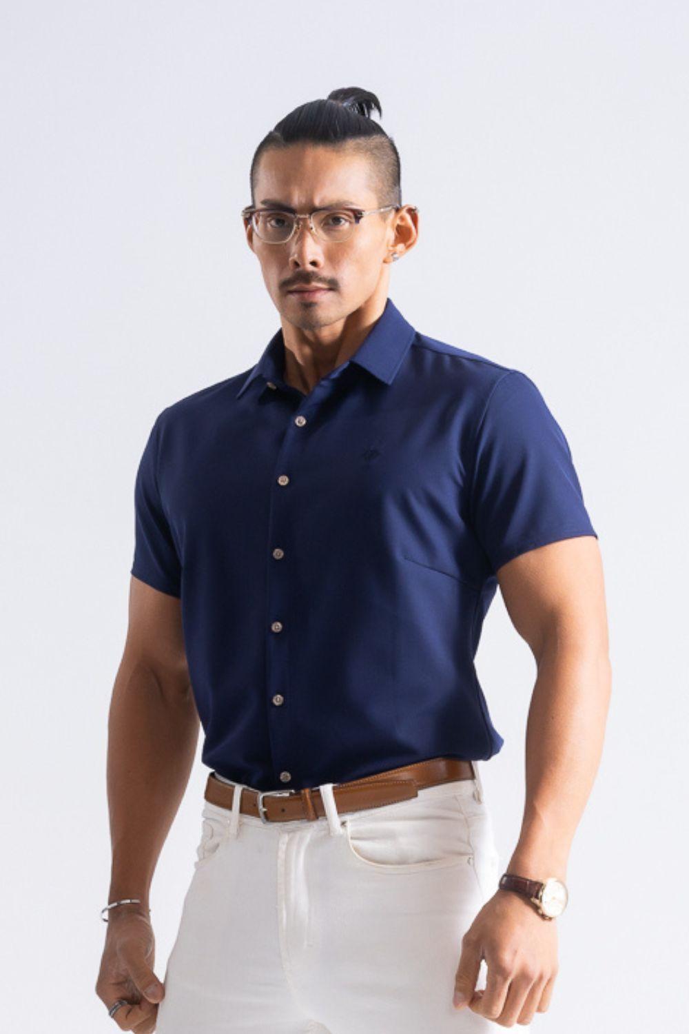 《サイズ交換不可》 ワイドカラー極上ストレッチ半袖シャツ - ネイビー