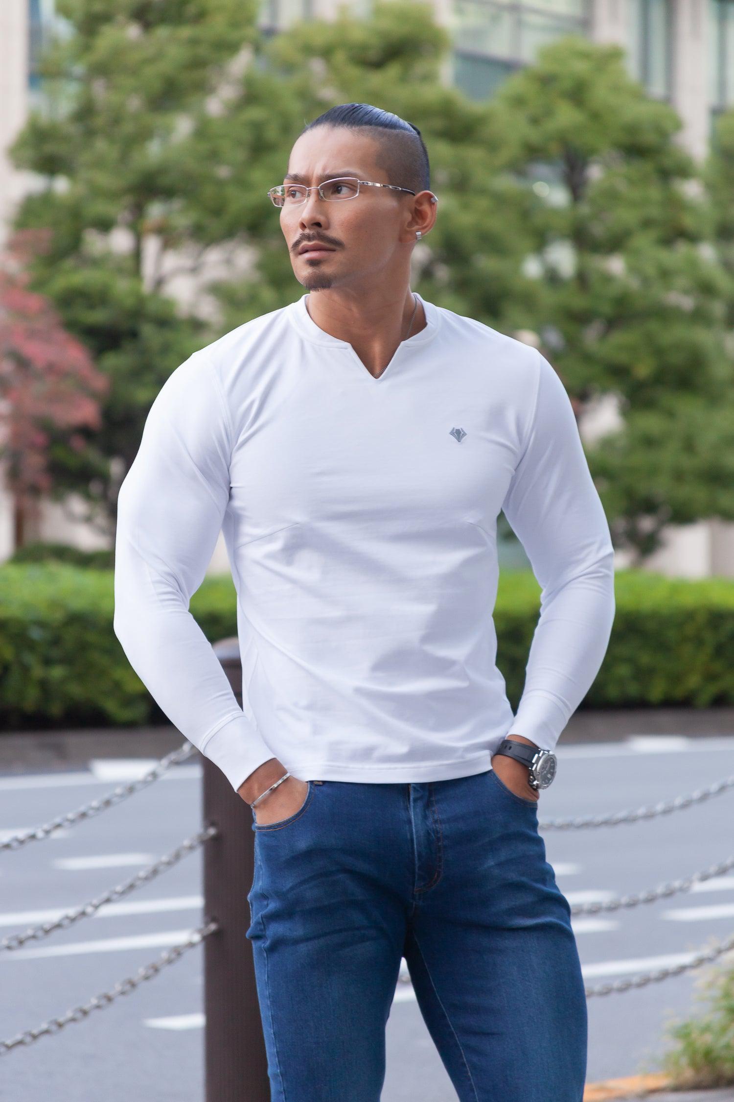 Key Neck Long Sleeve Tee  WHITE