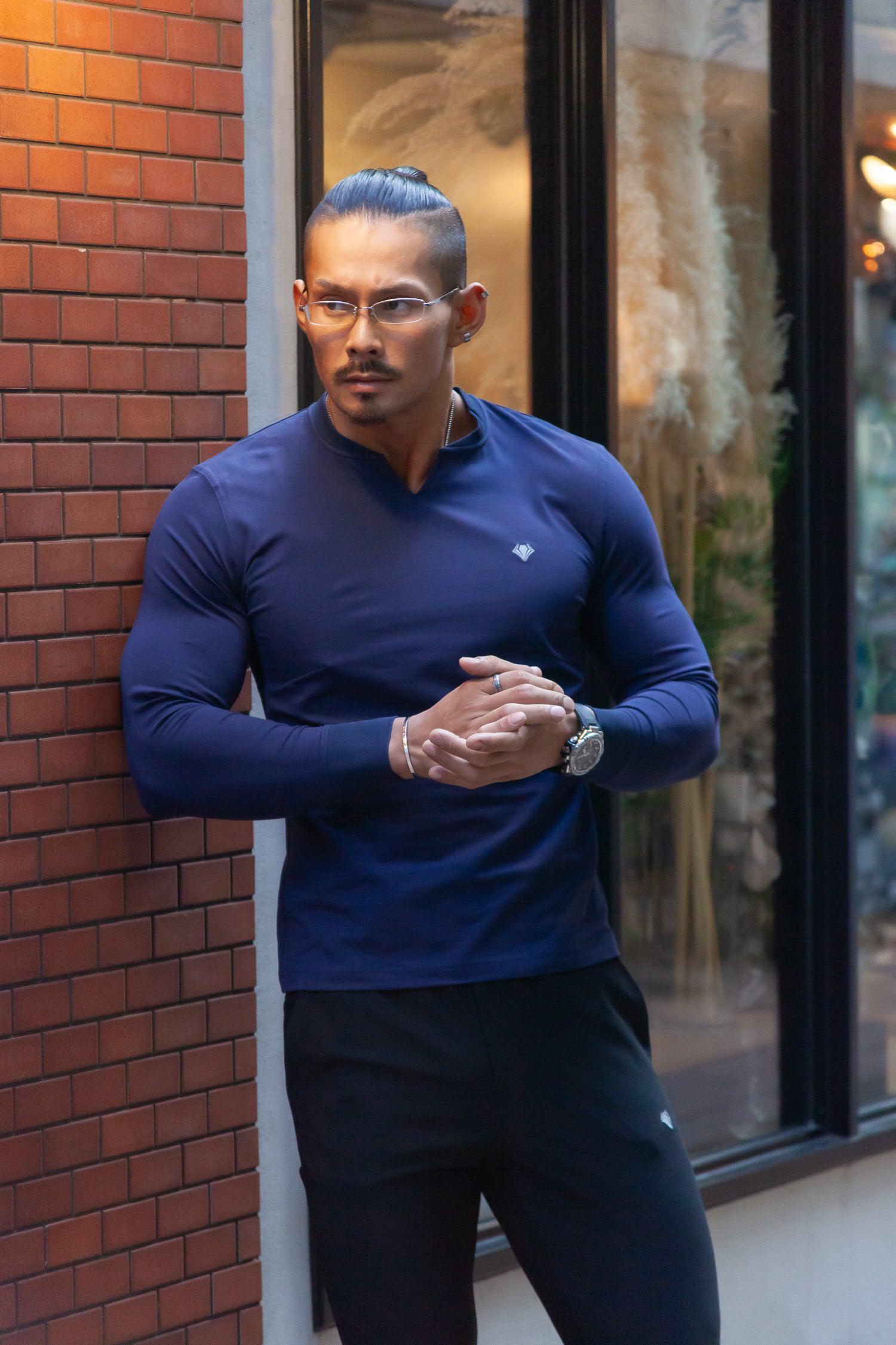 Key Neck Long Sleeve Tee  NAVY