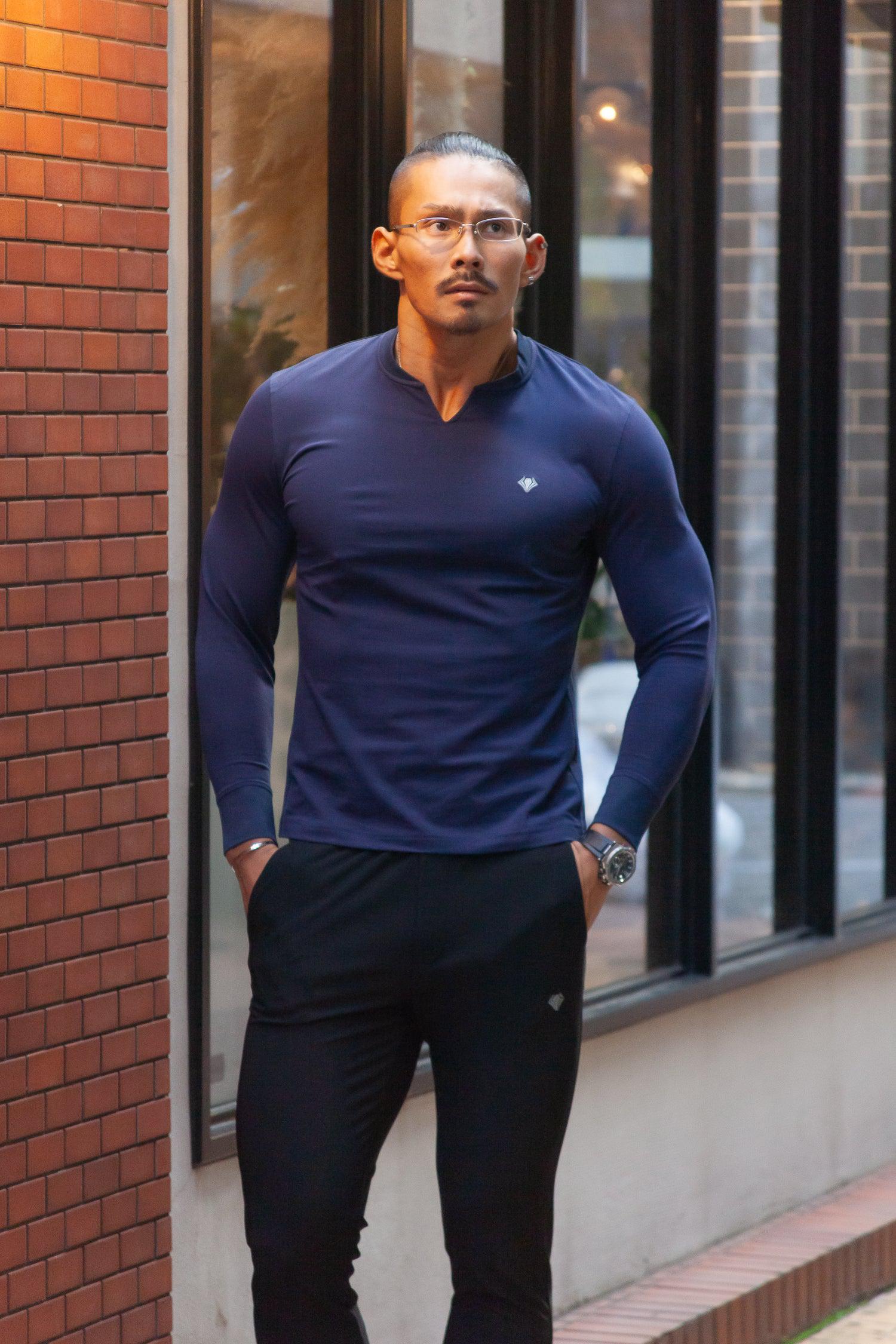 Key Neck Long Sleeve Tee  NAVY