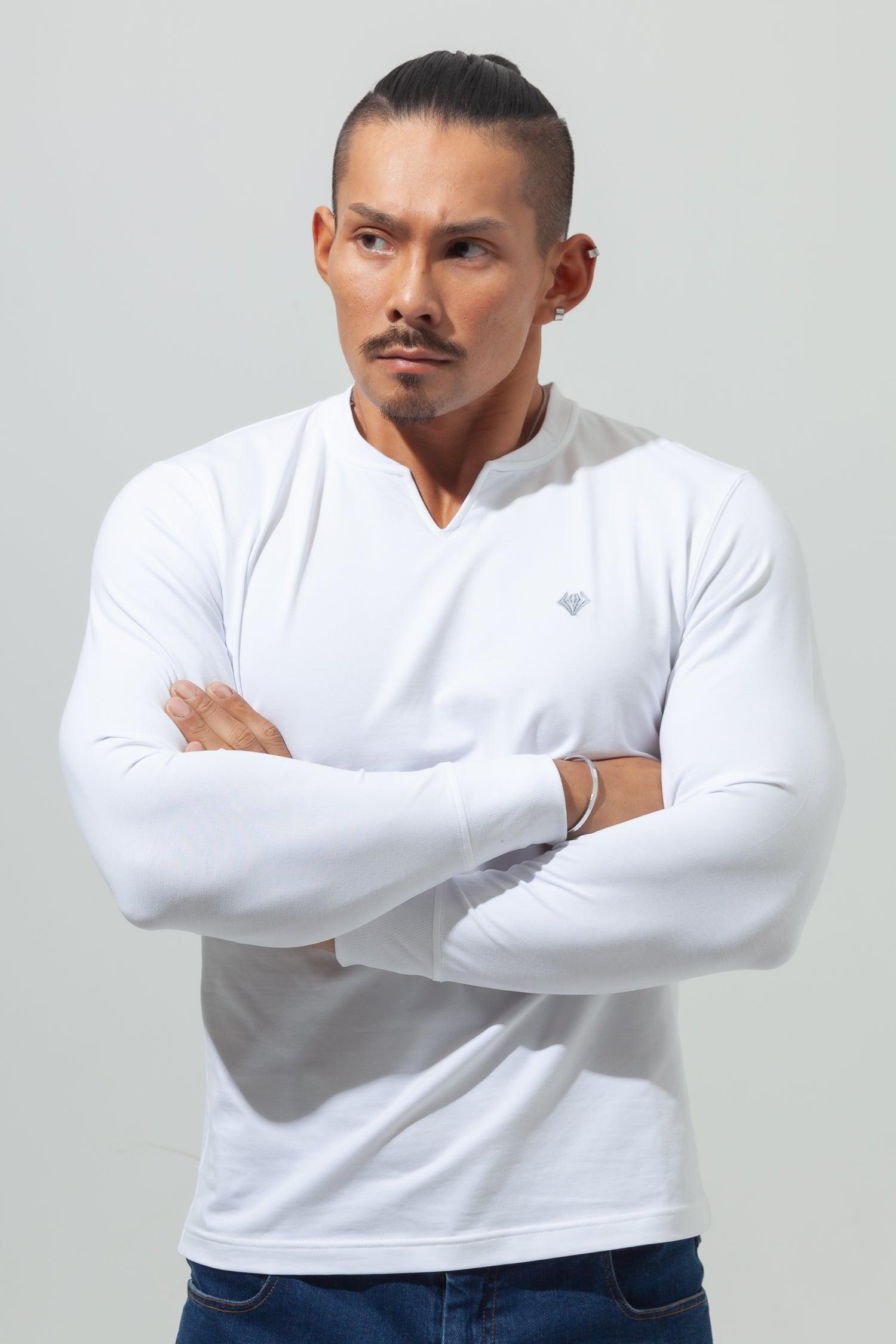 Key Neck Long Sleeve Tee  WHITE