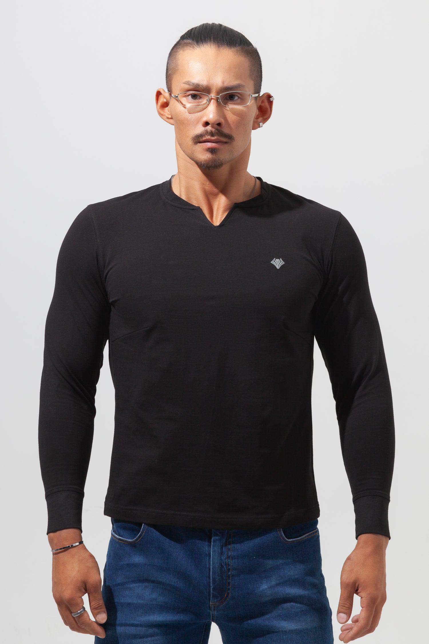 Key Neck Long Sleeve Tee  BLACK