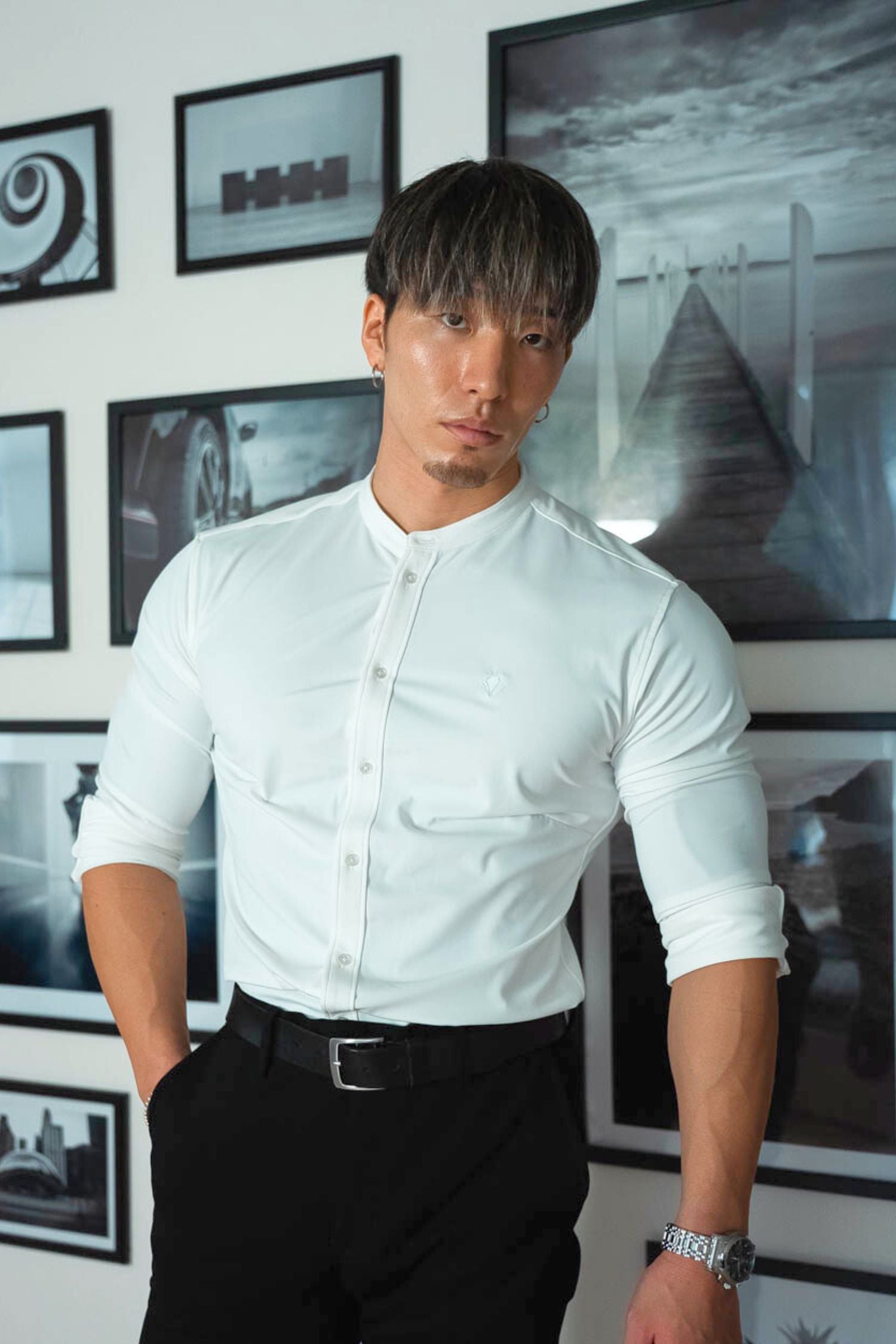 【NEW ARRIVAL】  極上シルエットストレッチ   バンドカラーシャツ