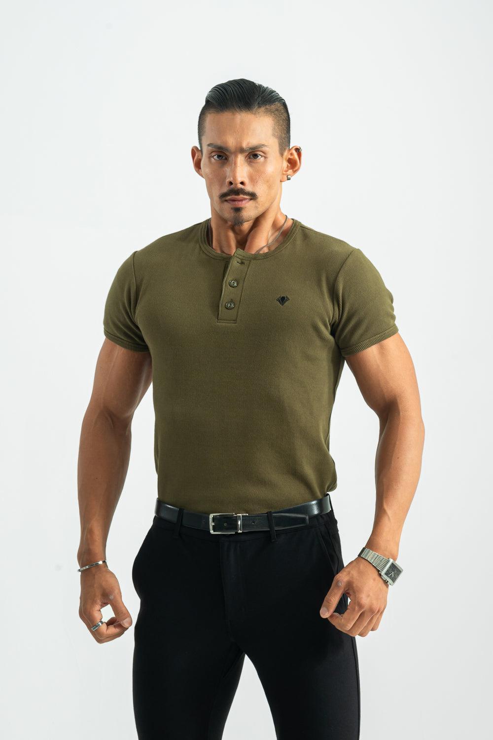 【NEW】  Henley Neck Tee  - KHAKI