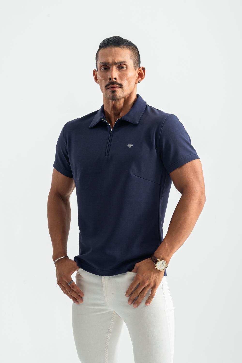 【NEW】  Sharp Collar Zip Polo  - NAVY
