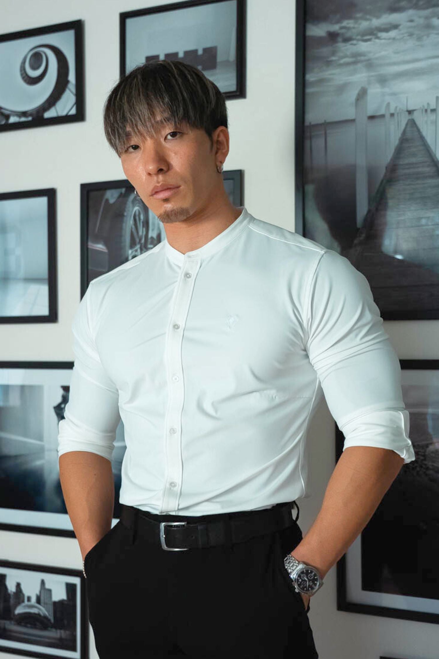 【NEW ARRIVAL】  極上シルエットストレッチ   バンドカラーシャツ