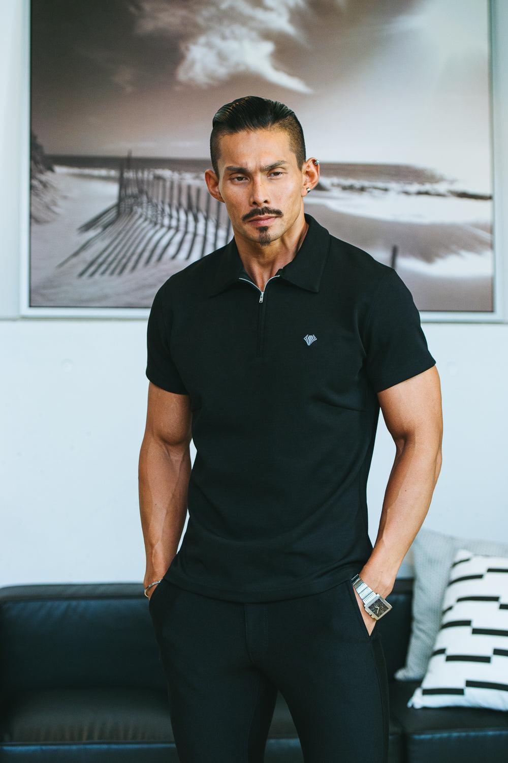 《在庫XXLのみ》   《サイズ交換不可》   Sharp Collar Zip Polo  - BLACK