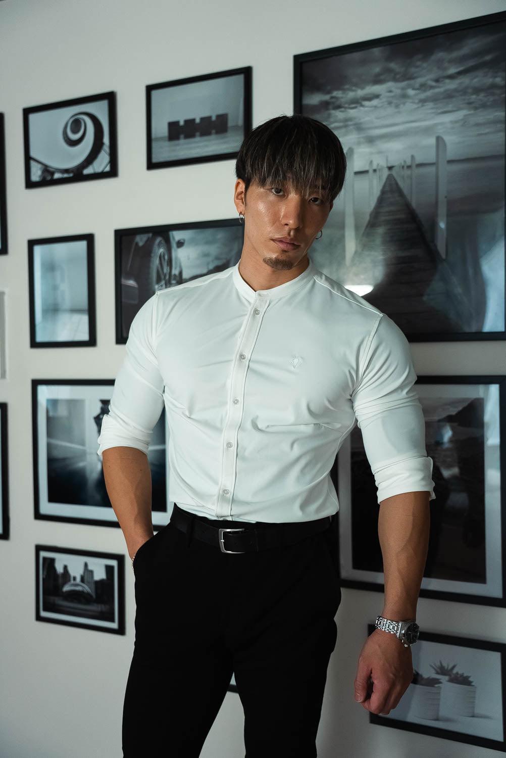 極上シルエットストレッチ   バンドカラーシャツ