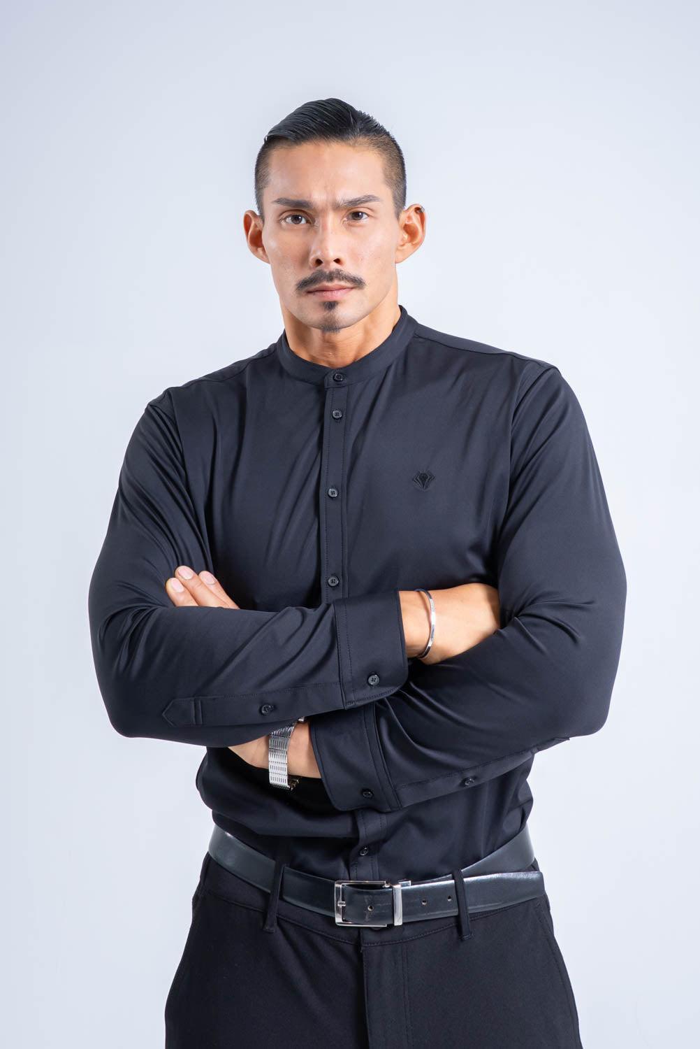 【NEW ARRIVAL】  極上シルエットストレッチ   バンドカラーシャツ