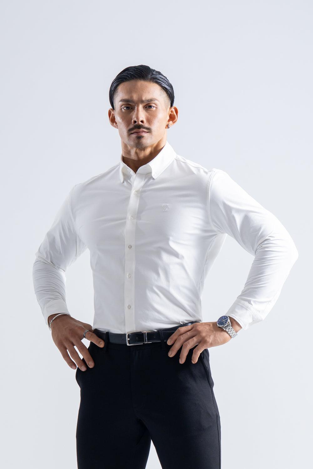 PHYSIQUE FRAME 極上シルエットストレッチ ダウンシャツ ホワイト 極楽フィット ストレッチシャツ - ホワイト